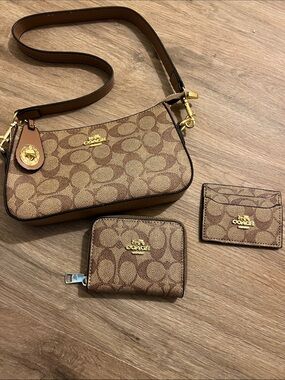 Coach Brown/Tan Signature Canvas Crossbody with Wallet & Card Case